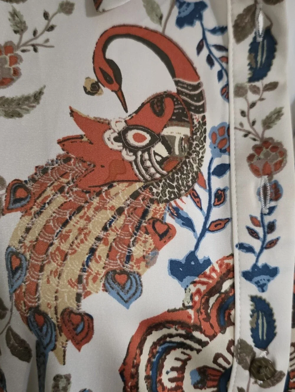Rachel Zoe Button Down Peacock Print Blouse Cream Size L - Picture 6 of 11
